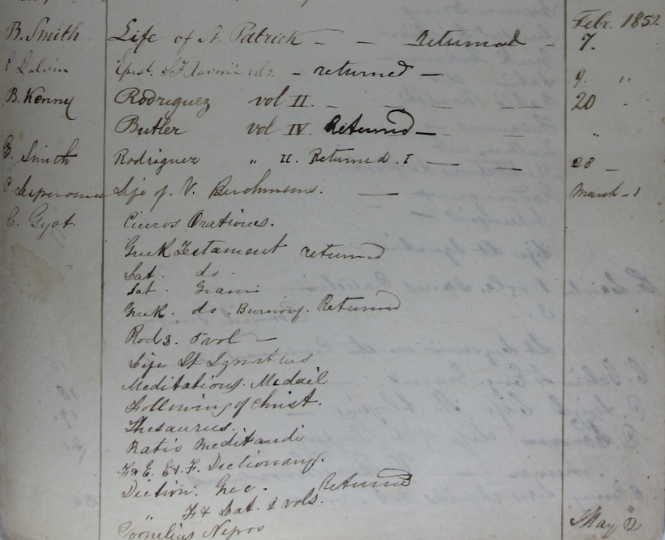Borrowing list from 1852. Collection of Jesuit Archives, Central United States 