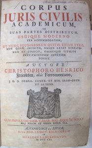 Title page of the 1721 Corpus still in the collections of Loyola's libraries today.
