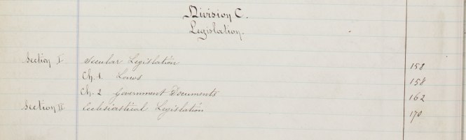 Listing of the Legislation Division from the index of the original St. Ignatius College library catalog.